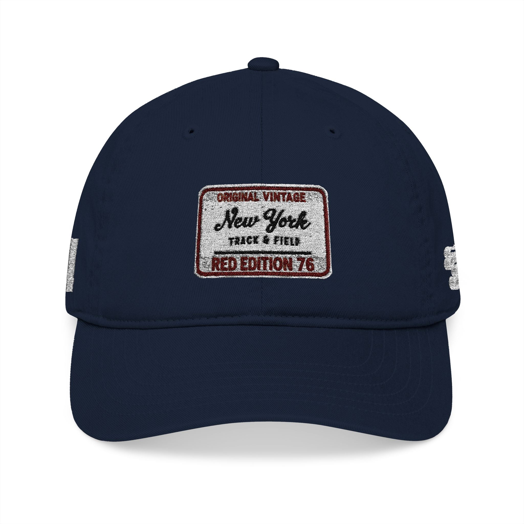 Navy blue cap with a vintage-style patch on a white background